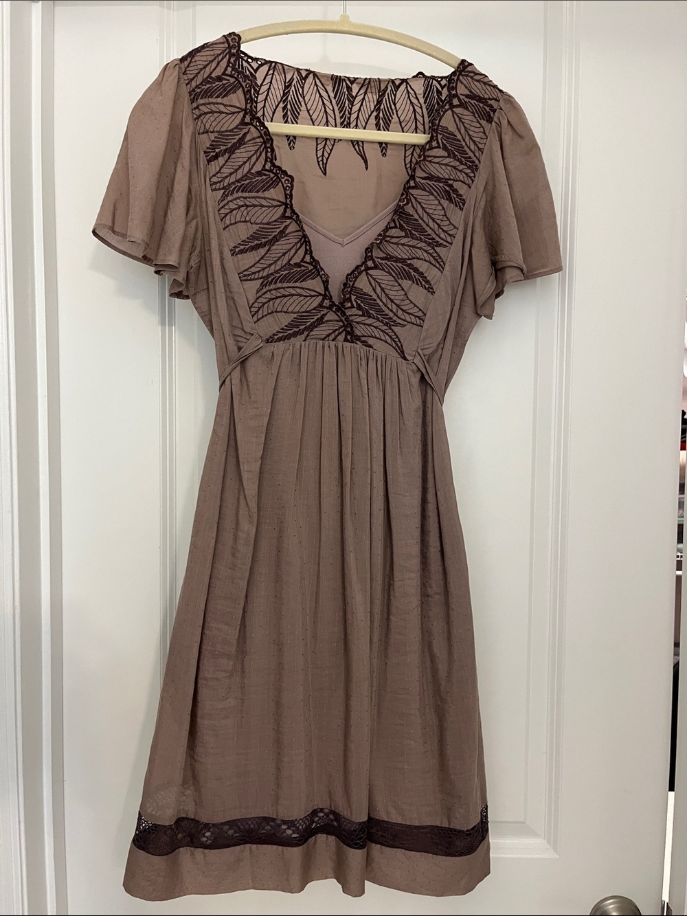 Hype Taupe Brown Embroidered V-Neck Midi Dress